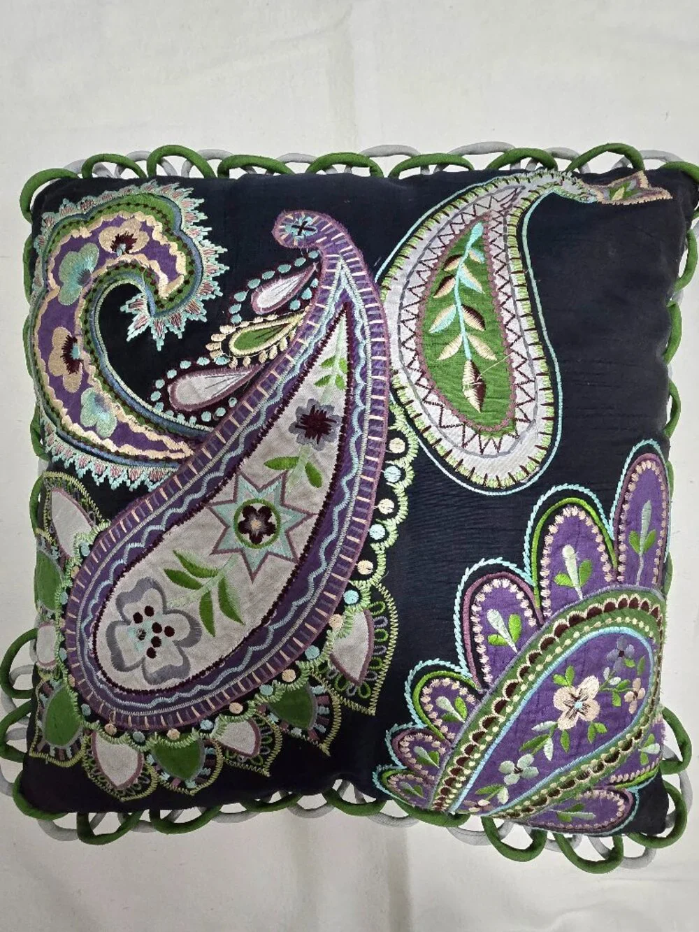 Pier 1 Decorative Paisley Print Throw Pillow Blue Green Purple Zipper EUC.